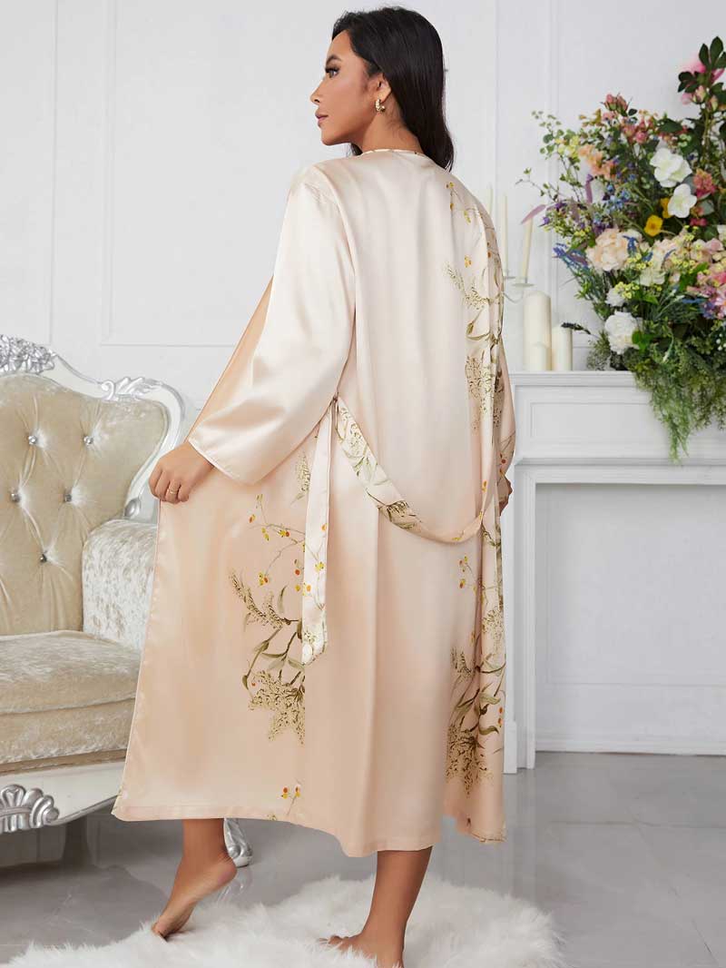 Conjunto Camisola Feminina Curta com Robe Florais Champagne Costas | Pantufas & Pijamas