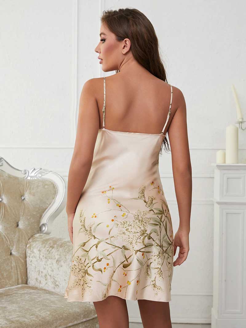 Conjunto Camisola Feminina Curta com Robe Florais Champagne Camisola Costas | Pantufas & Pijamas