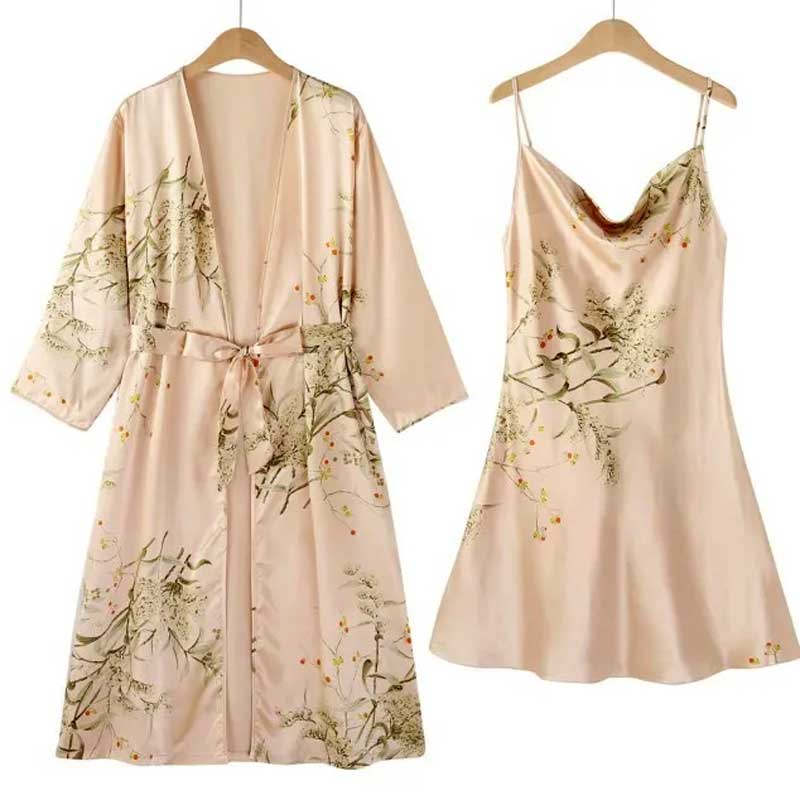 Conjunto Camisola Feminina Curta com Robe Florais Champagne Cabide | Pantufas & Pijamas