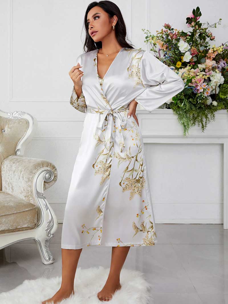 Conjunto Camisola Feminina Curta com Robe Florais Cinza Homewear | Pantufas & Pijamas