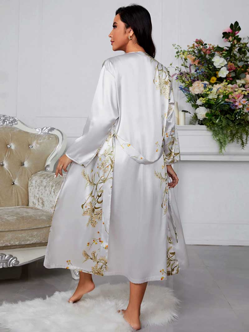 Conjunto Camisola Feminina Curta com Robe Florais Cinza Costas | Pantufas & Pijamas