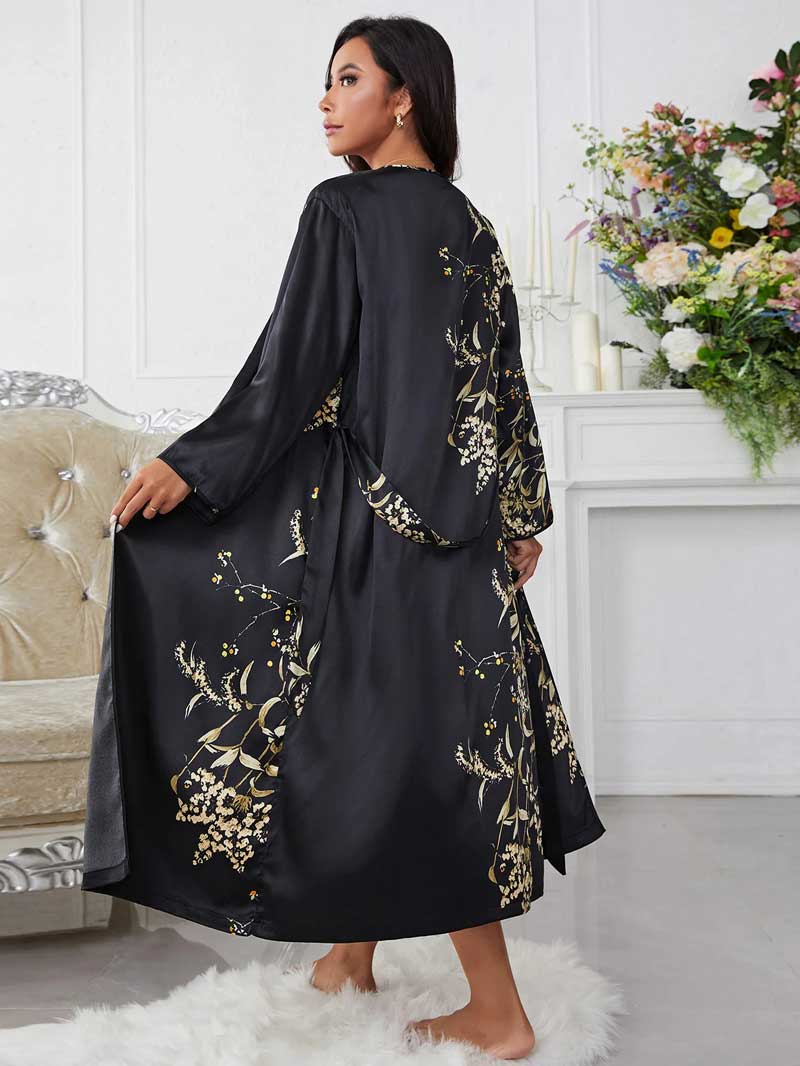Conjunto Camisola Feminina Curta com Robe Florais Preto Costas | Pantufas & Pijamas