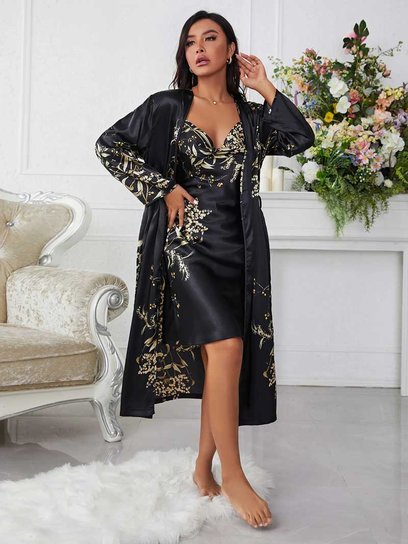 Conjunto Camisola Feminina Curta com Robe Florais Preto Conforto | Pantufas & Pijamas