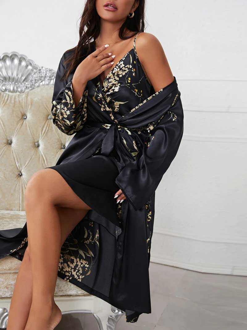 Conjunto Camisola Feminina Curta com Robe Florais Preto Sono bom | Pantufas & Pijamas