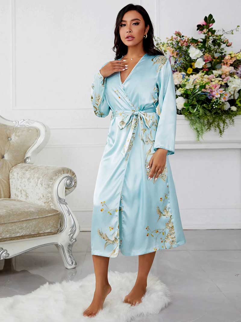 Conjunto Camisola Feminina Curta com Robe Florais Turquesa Sleepwear | Pantufas & Pijamas