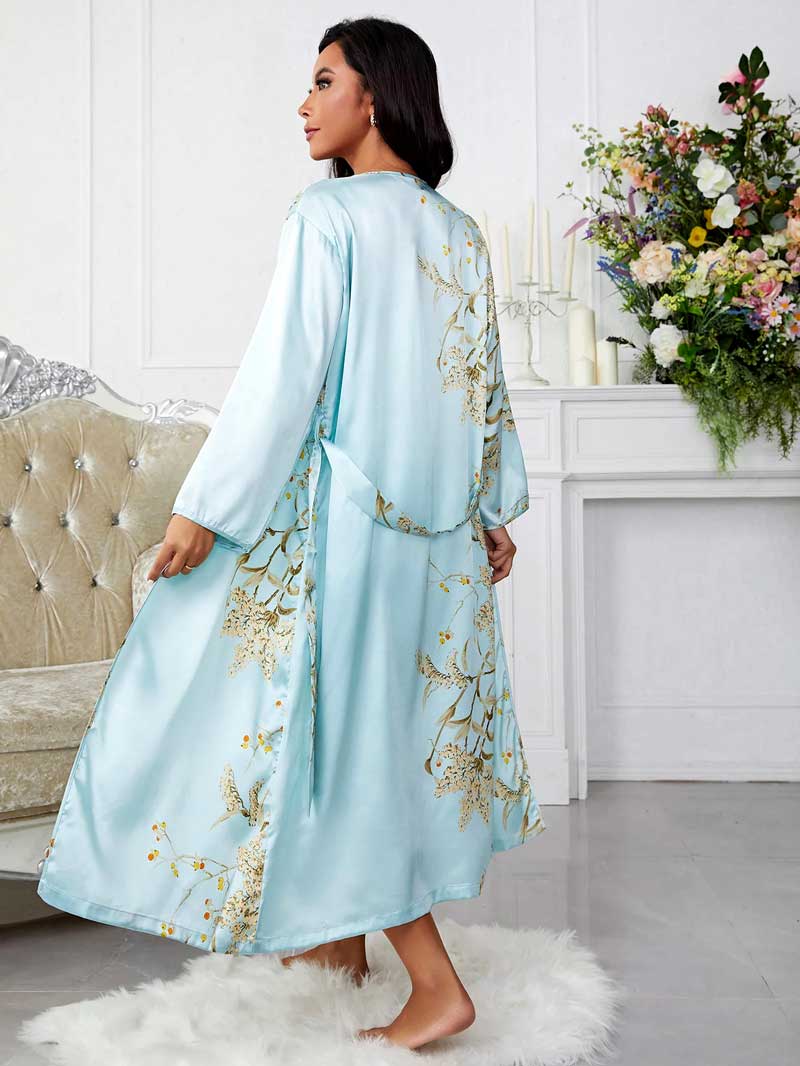 Conjunto Camisola Feminina Curta com Robe Florais Turquesa Conforto | Pantufas & Pijamas