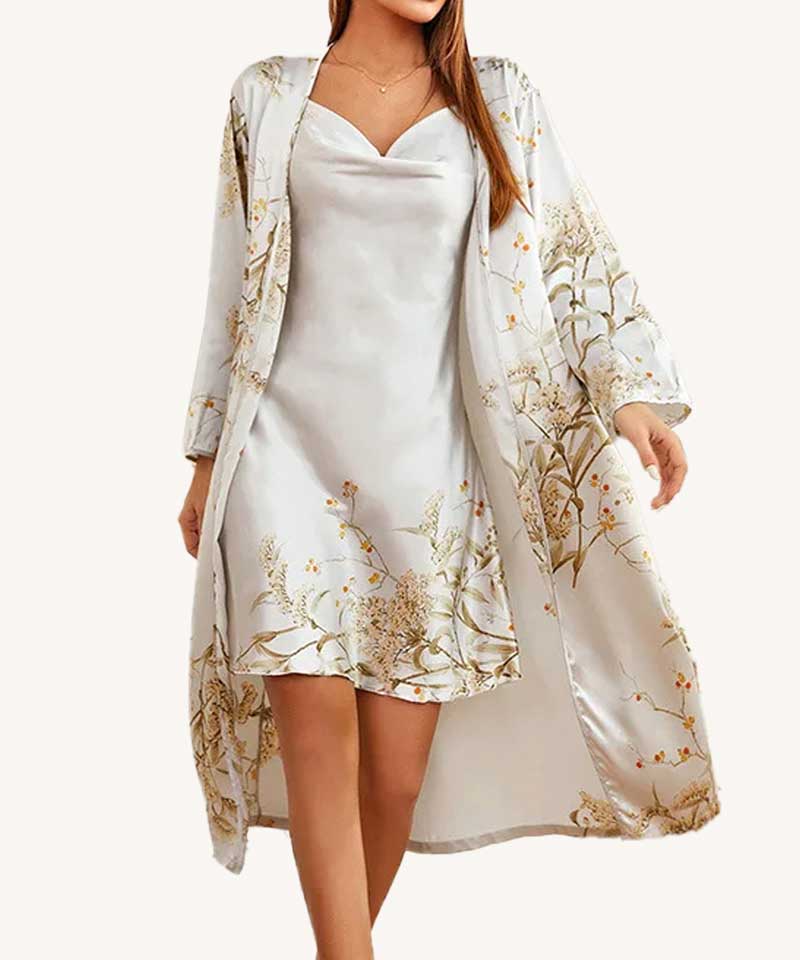 Conjunto Camisola Feminina Curta com Robe Florais Cinza | Pantufas & Pijamas