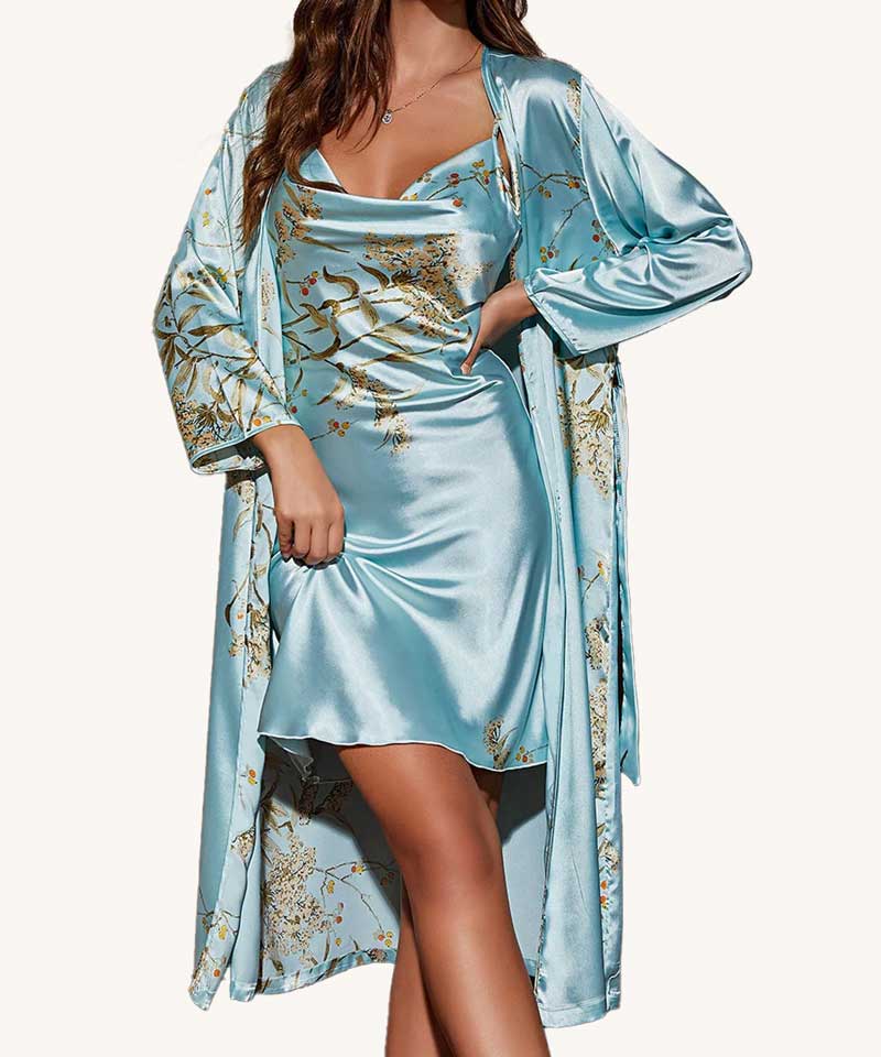 Conjunto Camisola Feminina Curta com Robe Florais Turquesa L | Pantufas & Pijamas